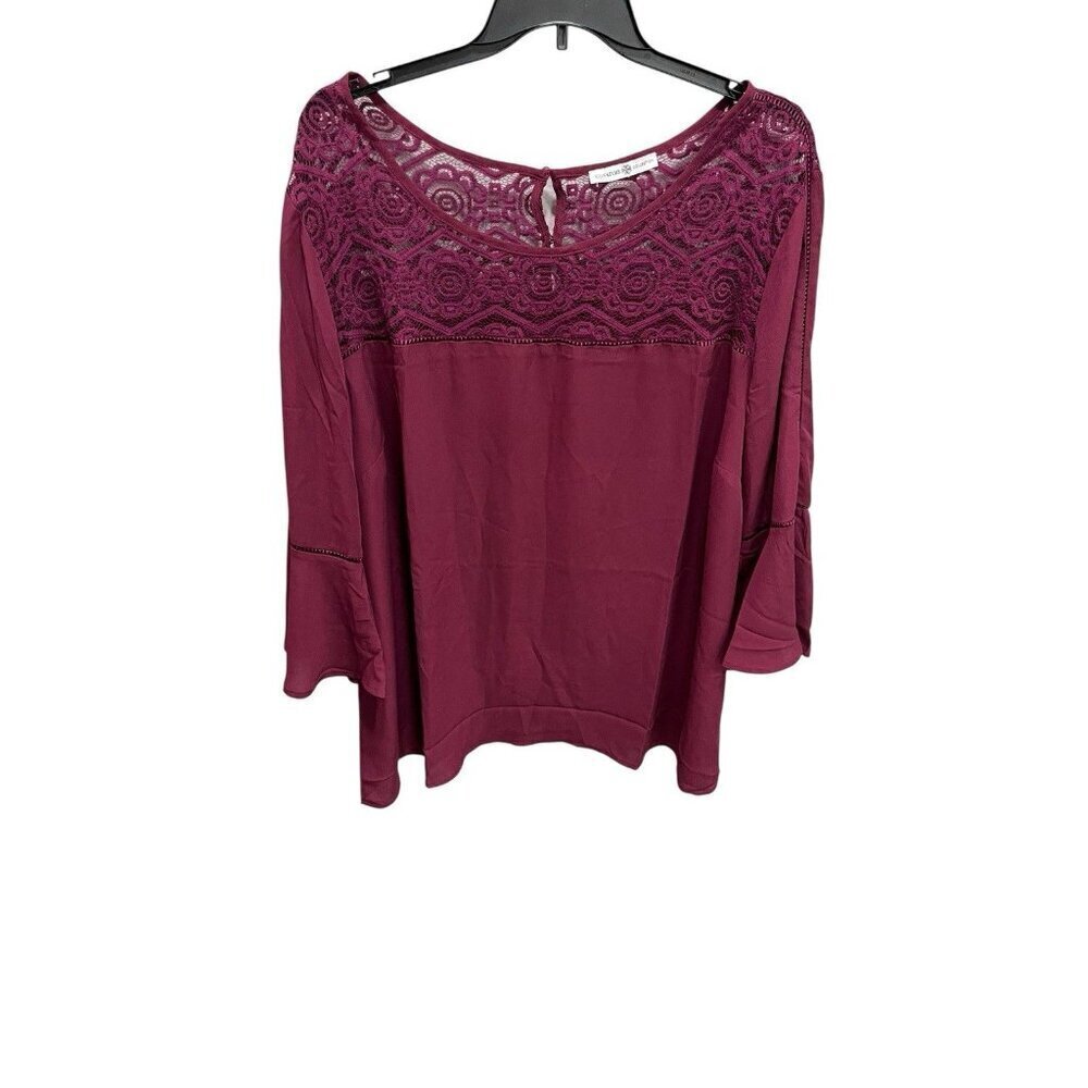 Signature Collection Women's 3X Magenta Flare Sleeve Lace Trim Top Blouse Ladies